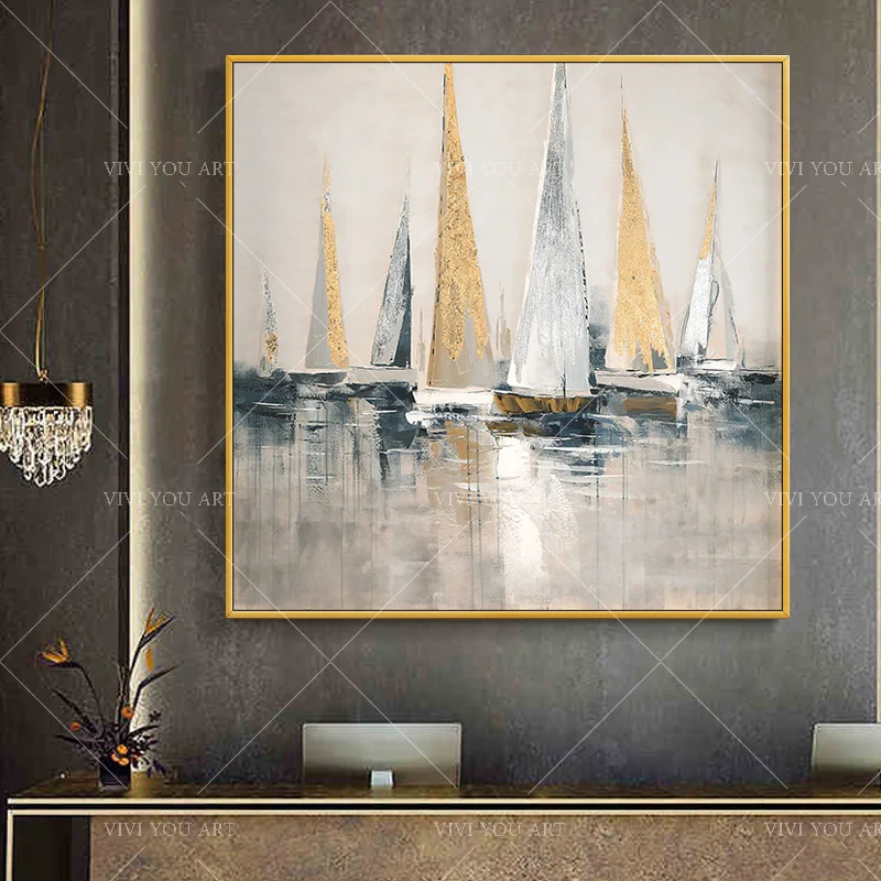 Настенная живопись большого размера 100% абстрактная Золотая фольга парусники