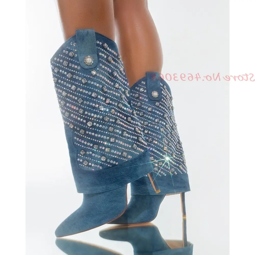 

Blue Turned Over Edge Crystal Boots For Women Slip On Pointed Toe Stiletto Heeled Fashion Female Sewing British Style All Match