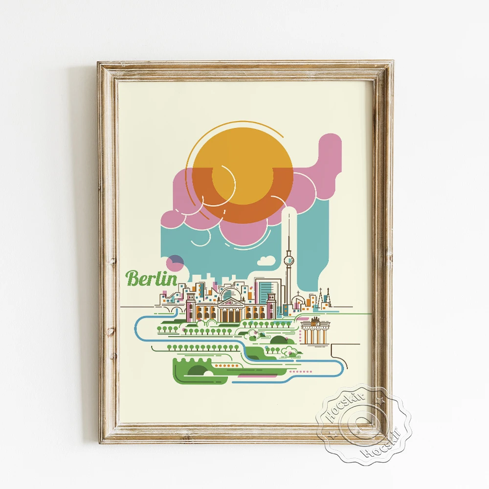 

Bauhaus Design Style Poster, Germany Berlin Travel Minimalism Art Prints, Skyline Art Scenery Illustrations Wall Picture Decor