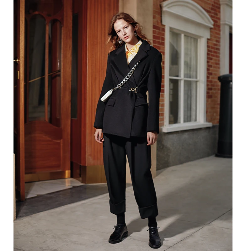 AEL black Woolen Blazer Women Suits Jacket Notched Collar Female Wrap Coat Fashion 2019 Autumn winter new