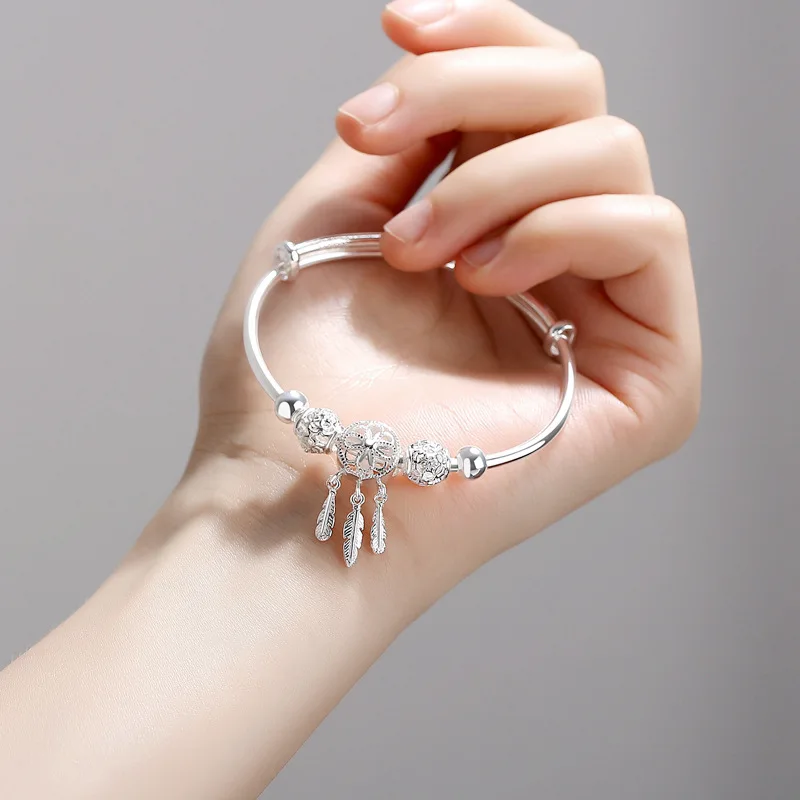 925 Sterling Silver Dreamcatcher Tassel Feather Charm Bracelet &ampBangle For Women Fashion Elegant Jewelry Accessories sl209 | Украшения и