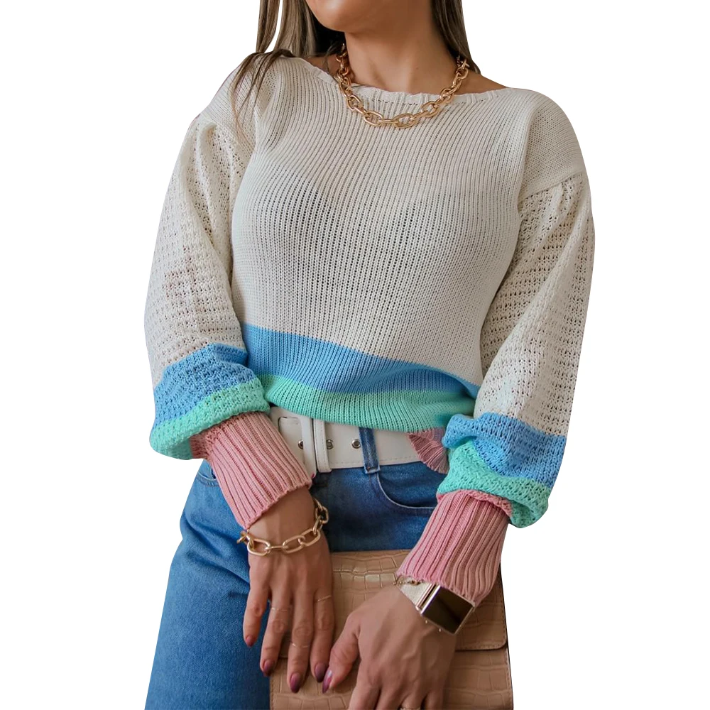 

Women Colorblock Round Neck Knitted Sweater Patchwork Loose Jumper Ladies Tops Casual Classic Long Sleeve Female Warm Pullover