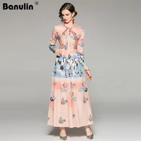 banulin robe femme runway maxi dress women bow neck long sleeve elegant vintage print long dress vestidos de verano ropa mujer