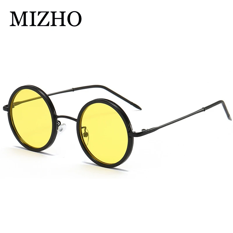 Фото Винтажные мужские прозрачные солнцезащитные очки MIZHO, женские солнцезащитные очки в стиле ретро-панк, круглая металлическая оправа, коричневые линзы, модные очки в стиле хип-хоп №3