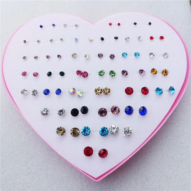 

Rhinestone Stud Earrings Different Sizes For Women Girls 36 Pairs/Lot Mix Colors Round Crystal in Heart Box Fashion Jewelry