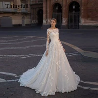 thinyfull elegant o neck a line wedding dresses lace flower long sleeves princess bride bridal gowns dress vestido de noiva
