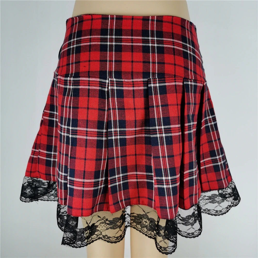 Женская плиссированная юбка в розовую полоску готическая с кружевной отделкой