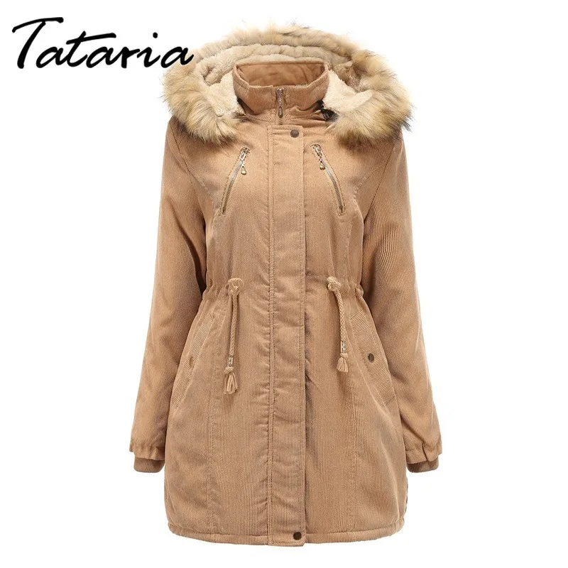 Tataria женская зимняя теплая Вельветовая парка s Женская с длинным рукавом большой меховой воротник Толстая Вельветовая парка женские вельветовые куртки
