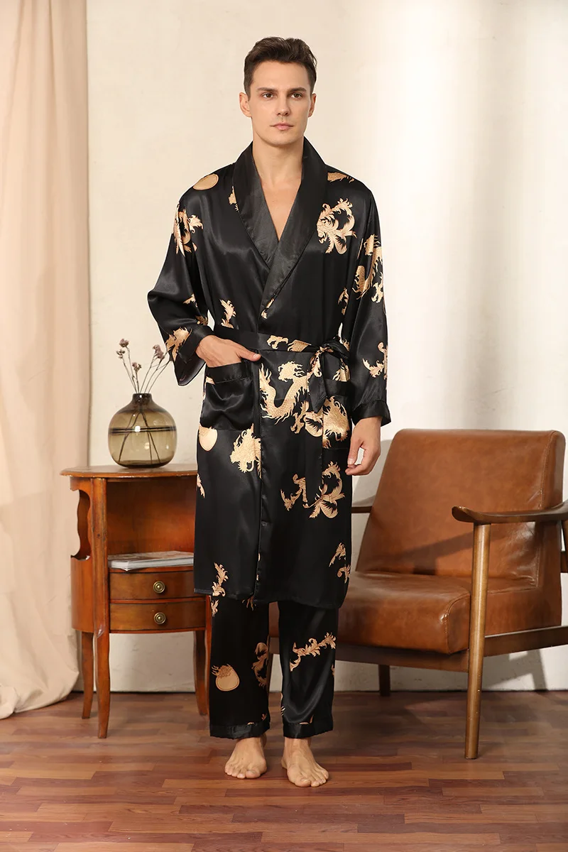3 PCS Robe Pants Pajama Set 4XL 3XL Men Bathrobe Shorts Suit Silk Sleepwear for Men Kimono Home Soft Cozy Long-sleeved Bath Gown