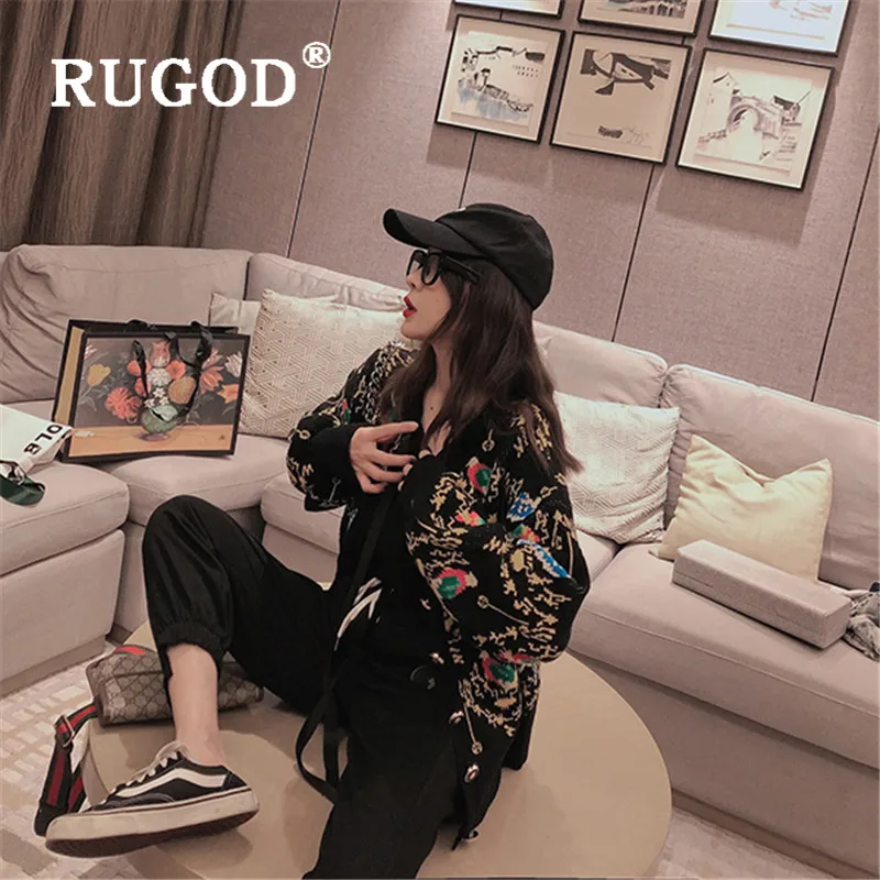 RUGOD Vintage printed knitted cardigan sweater women Fashion lantern sleeve auturm winter outwear single-breated |