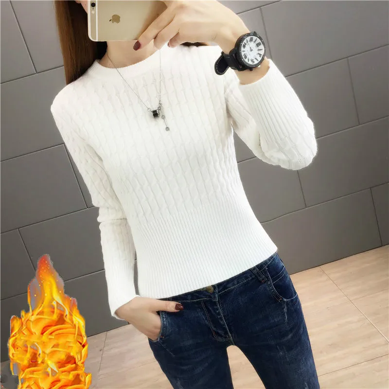 

Plus Velvet Thick Warmth 2021 Winter Sweaters Women Round Neck Solid Color Waist Slim Pullover Sweater Bottoming Shirt TopY23