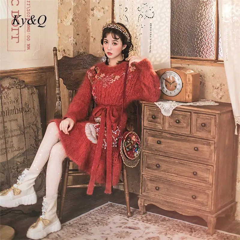 

Brand Design Winter Sweet Women Red Swan Embroidered Luxury A-line Dresses O-Collar Ladies Knit Sweater Dress Party Clothes 2019