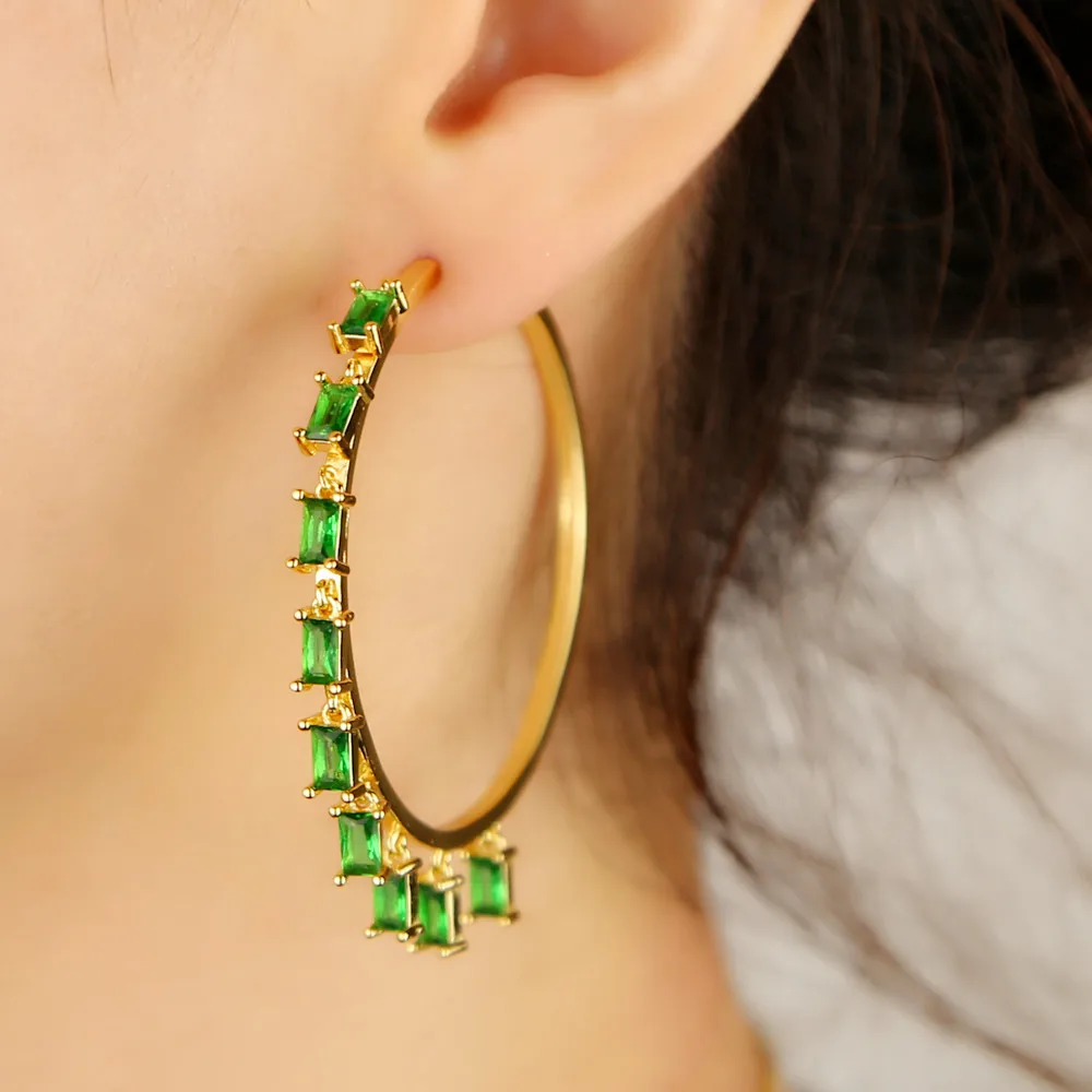 48 мм золотые Золотые Большие серьги-гвоздики обручи радужные красочные зеленые CZ