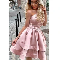 sexy one shoulder pink cocktail dresses tiered skirt semi formal short homecoming dress for lady party satin vestidos