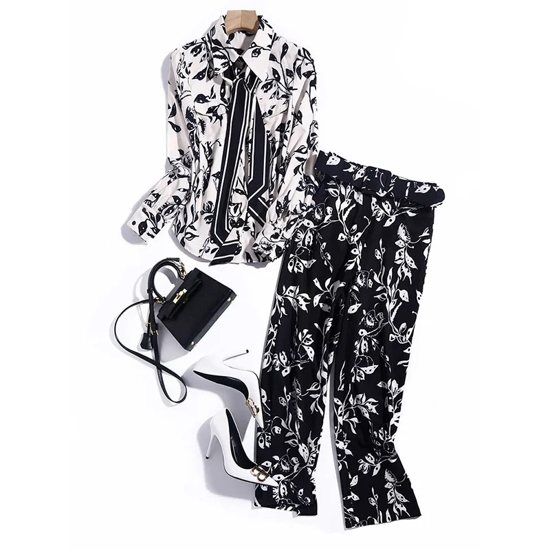 

Kong style two piece suit 2021 spring new women's black and white printed shirt straight pants temperament suit pants