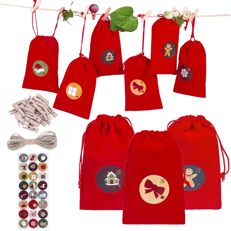 

New 24PCS/SET 5sets/lot Christmas Red Velvet Drawstring Bag Sweet Candy Gift Packaging Display Bags Hanging Gift Storage Pouches