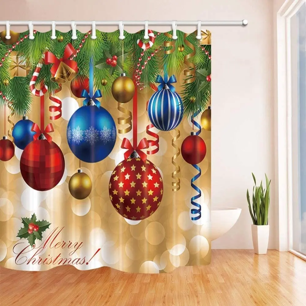 

Новогодняя занавеска для ванной, красочные рождественские шарики, подвесная сосна с лентой, Рождественская Полиэстеровая ткань, занавеска ...