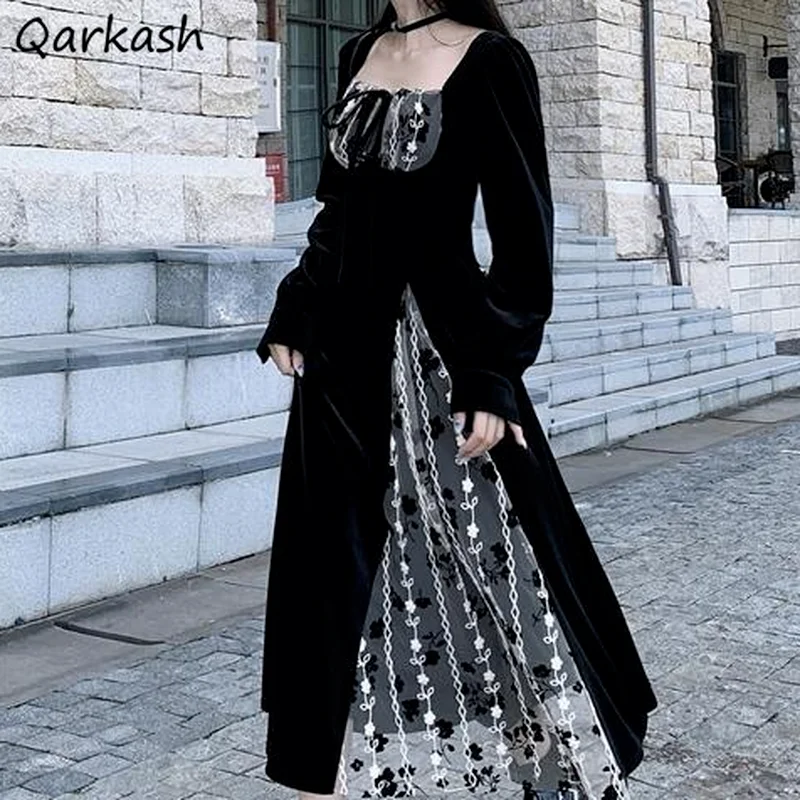 

Dresses Women Velvet Vintage Tunic Autumn Romantic Midi Vestidos Party Casual A-line Birthday Mujer French Style Square Collar