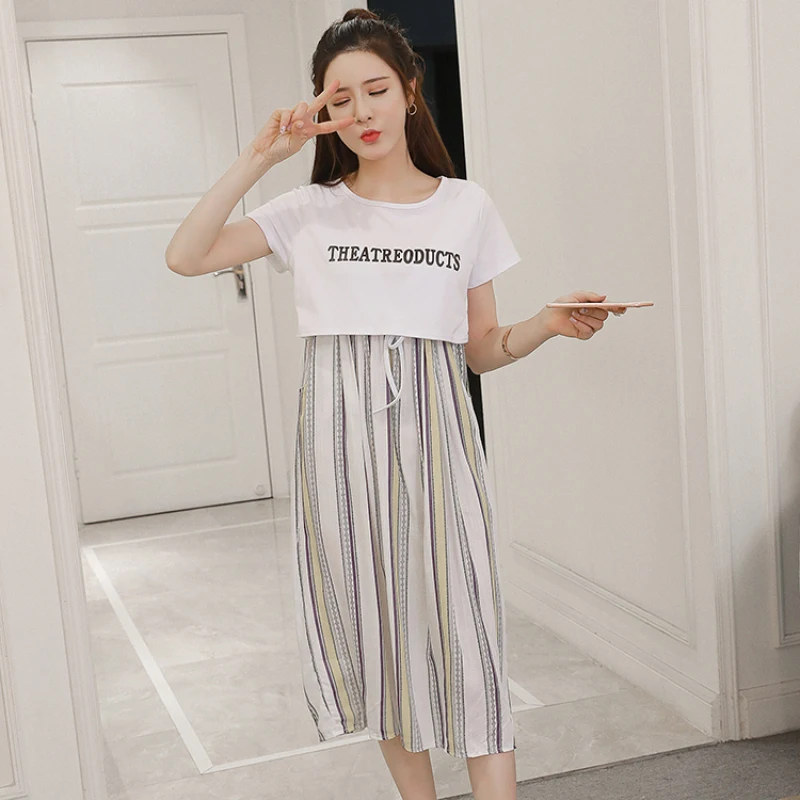 

9005# Summer Casual Vertical stripes Maternity Nursing Dress A Line Slim Breastfeeding Clothes for Pregnant Women Pregnancy