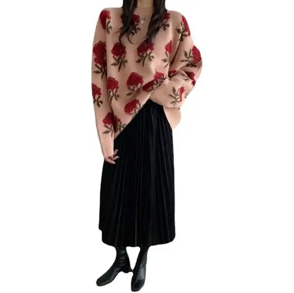 

2021 autumn and winter retro rose flower women's thickened sweater loose lazy style pullover knit top
