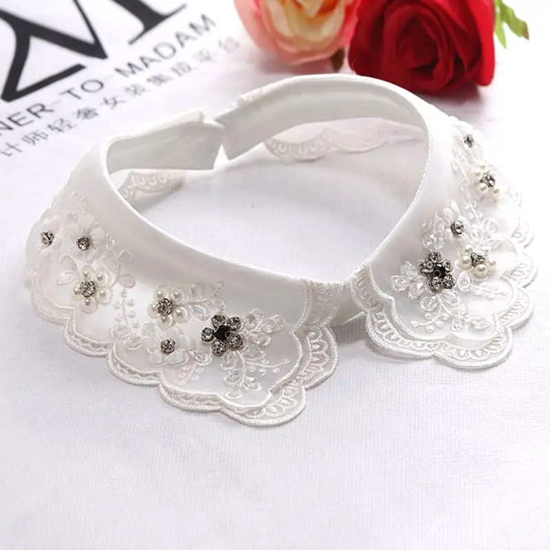 

Women Fashion Imitation Pearl Fake Collar Detachable Dual Mesh Lapel Necklace