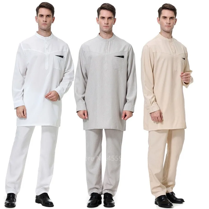 

Men Jubba Thobe Muslim Dress Islamic Traditional Cloth for Male Abaya Top Pants Set Fashion Patchwork Saudi Arab Prayer Costume