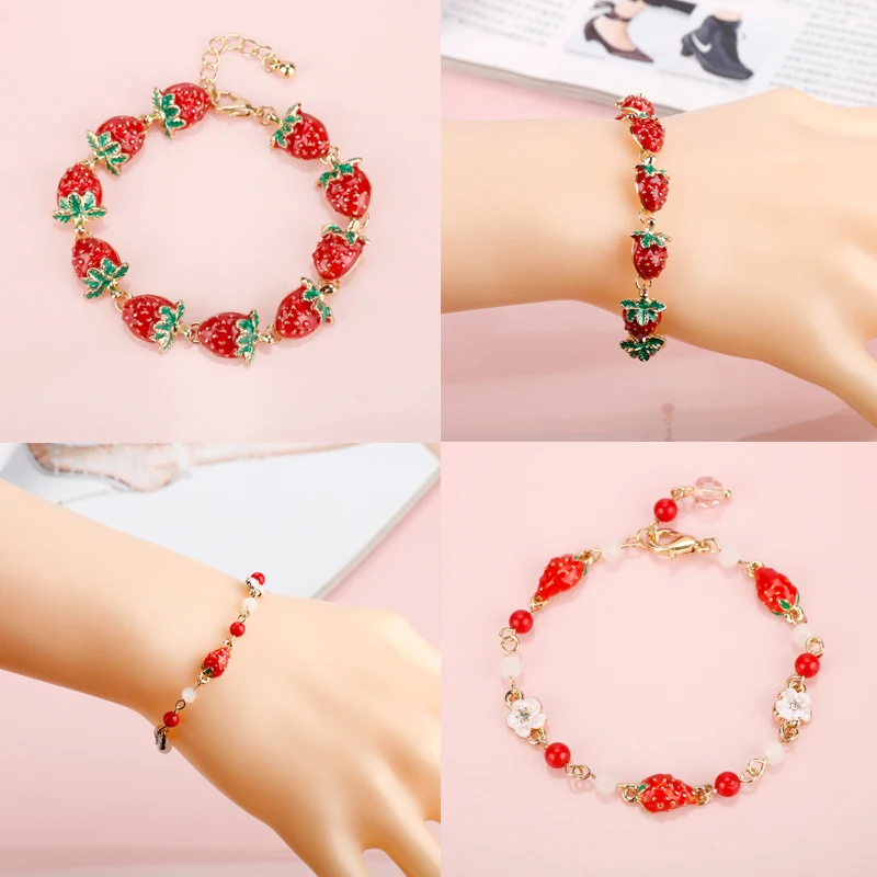 Kawaii Shine Crystal Red клубничный Шарм браслет браслеты милые эмалевые для женщин