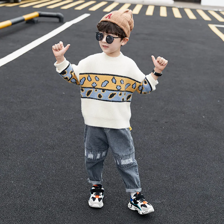 Свитера для мальчиков свитер в стиле пэчворк вязаный детский джемпер с круглым
