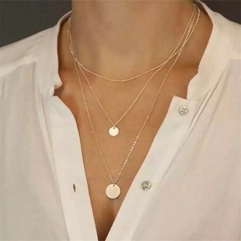 

12Pcs/lot Fashion 3-Layer Round Pendant Neckalce Chain Necklace for Women