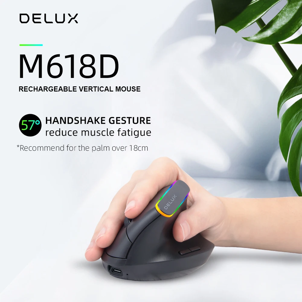 delux m618d ergonomic vertical mouse rechargeable wireless 2 4ghz gaming mouse rgb 1600 dpi vertical mice for pc laptop free global shipping