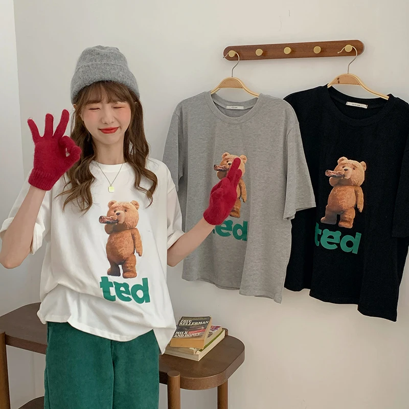 

Cute Bear Printed T-shirt Female 2021 Korean Spring New Ins Internet Celebrity Loose Casual Short-Sleeved Top Student