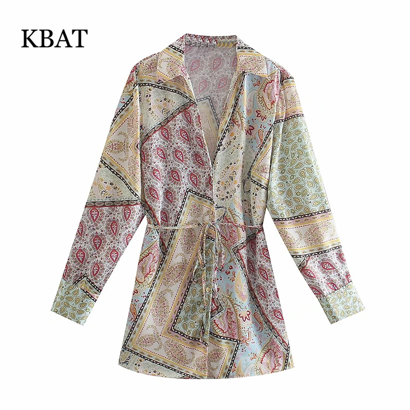 

KBAT 2021 женская рубашка Летний винтажный топ с принтом Длинные Блузки Женская одежда с длинным рукавом на пуговицах свободная повседневная ж...