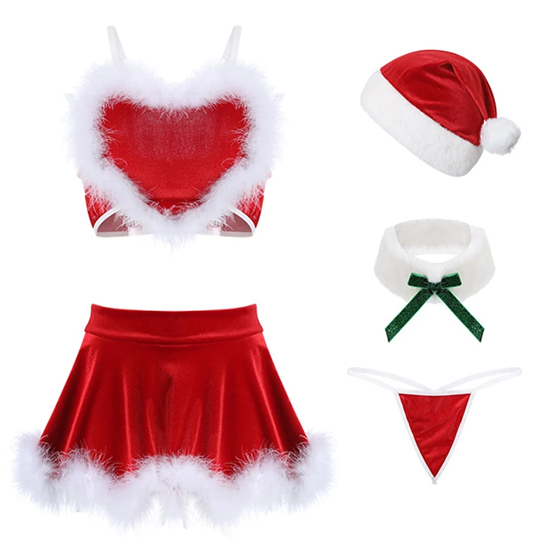 Women's Velvet 2 Piece Christmas Sleepwear Feather Love Sexy Cami Crop Top Skirt Set Mini Dress Lingerie Red Nightdress Homewear