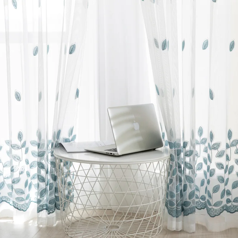 

Blue Leaves Embroidered Tulle Curtains for Living Room Bedroom,Modern Sheer Curtains for Kitchen Window Screening Customize