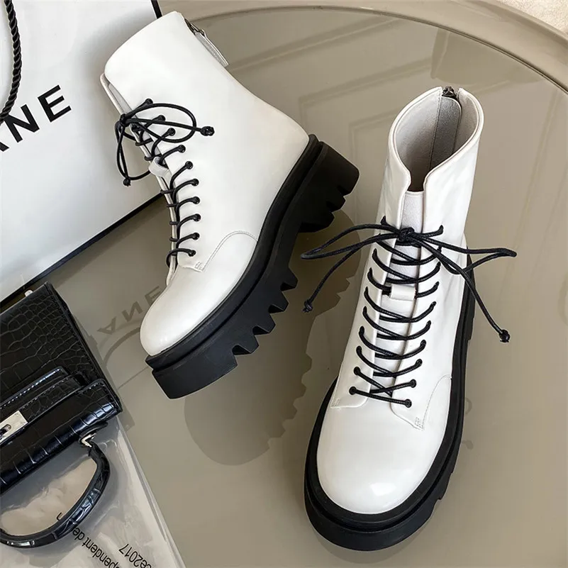 

ANNYMOLI Women Short Boots Shoes Real Leather Platform Thick High Heel Motorcycle Boots Zipper Lace Up Ankle Boots Autumn Winter