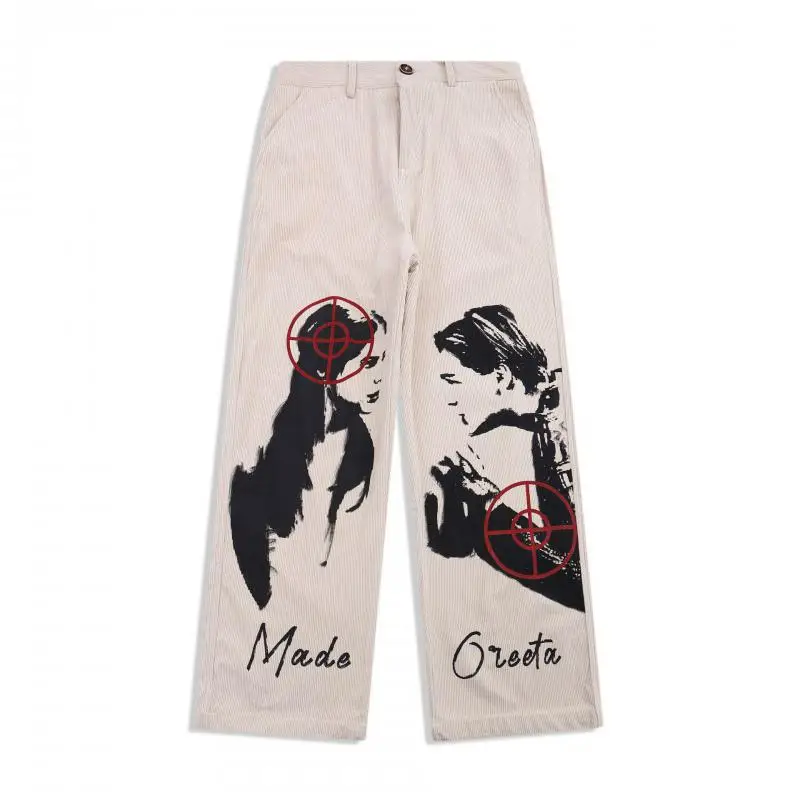 

American Style Street Personality Portrait Printing Wide Leg Pants Men And Women Punk Corduroy Loose Straight Leg Pants Trend