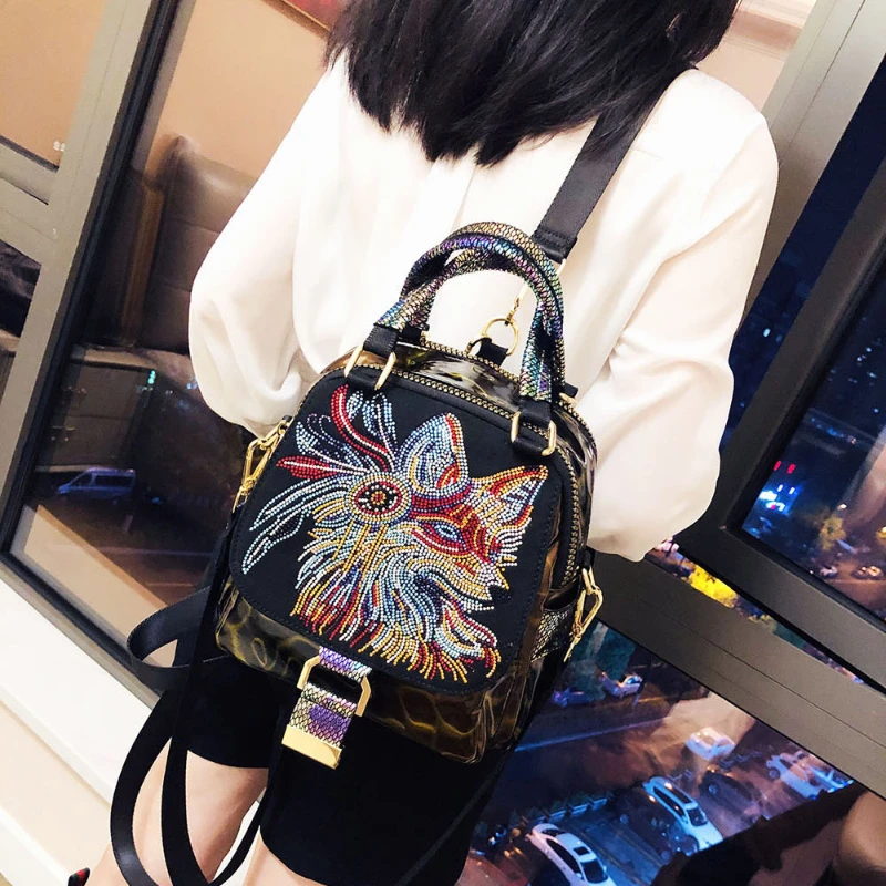 

Shiny Rhinestone Handbag Women High Quality Animla Prints Fancy Shoulder Bag Female Soft Multi-pockets Messenger Bolsos