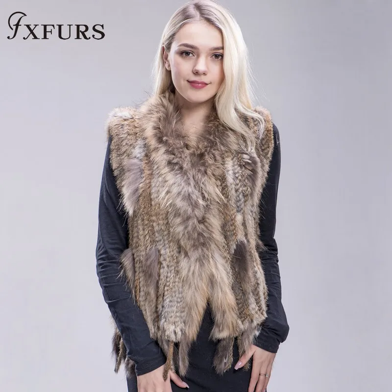 FXFURS из натурального кроличьего меха; вязаная жилетка; куртка из искусственного меха, красочные кролика, енота меховая вязаная жилетка 16 Цвета - Цвет: natural brown