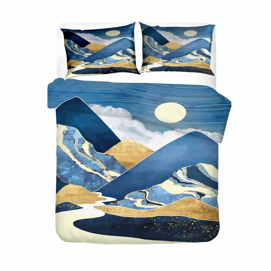 Комплект постельного белья с акварельным рисунком и золотым солнцем и луной, наволочки 150 см, размеры Queen King, голубой богемный стиль.