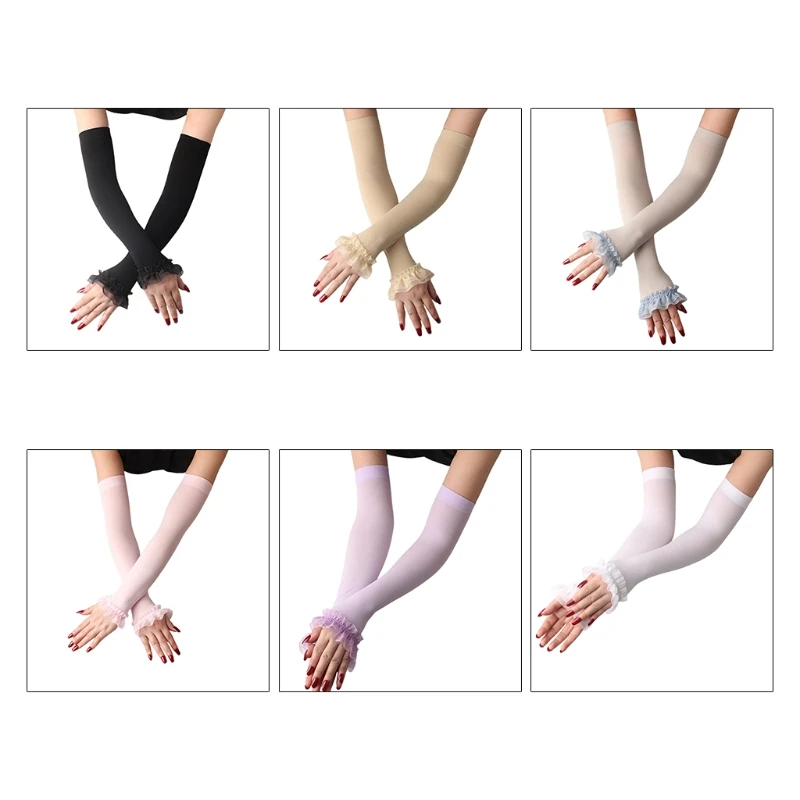 

Women UV Protection Fingerless Gloves Ruffles Mesh Patchwork Arm Warmer Sleeves X5XA