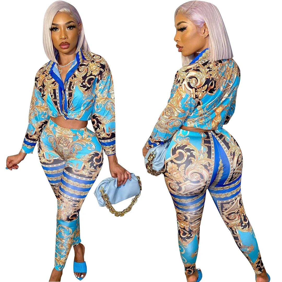 

2021 Spring Pattern Printed Women Two Pieces Outfits Elegant Long Sleeves Women Top and Pants Sexy Lady Party Set Real Photos