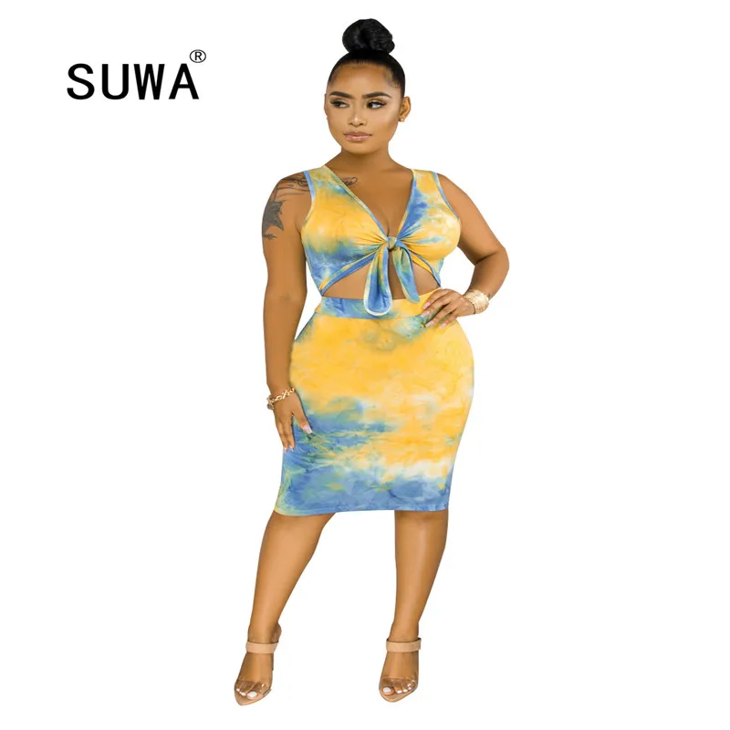 

Женский офисный костюм из двух предметов, желтый и синий костюм с принтом, юбка без рукавов и юбка скинни, лето 2019