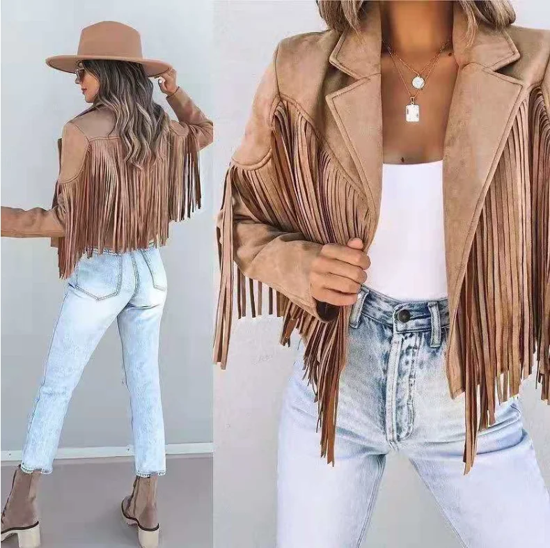 

Tassel Bomber Jacket Women's Autumn Fashion Short Long Sleeve Lapel Slit Slim Fit Jacket Printed Tassel Jacket Denim Jacketwomen