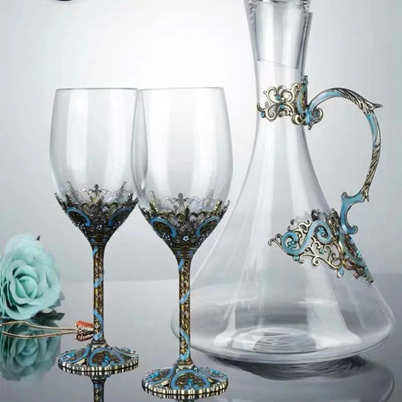 

2PCS/Red Enamel Unleaded Crystal Wine Glass Set, European Style Vintage Wine Set, Goblet Gift Box