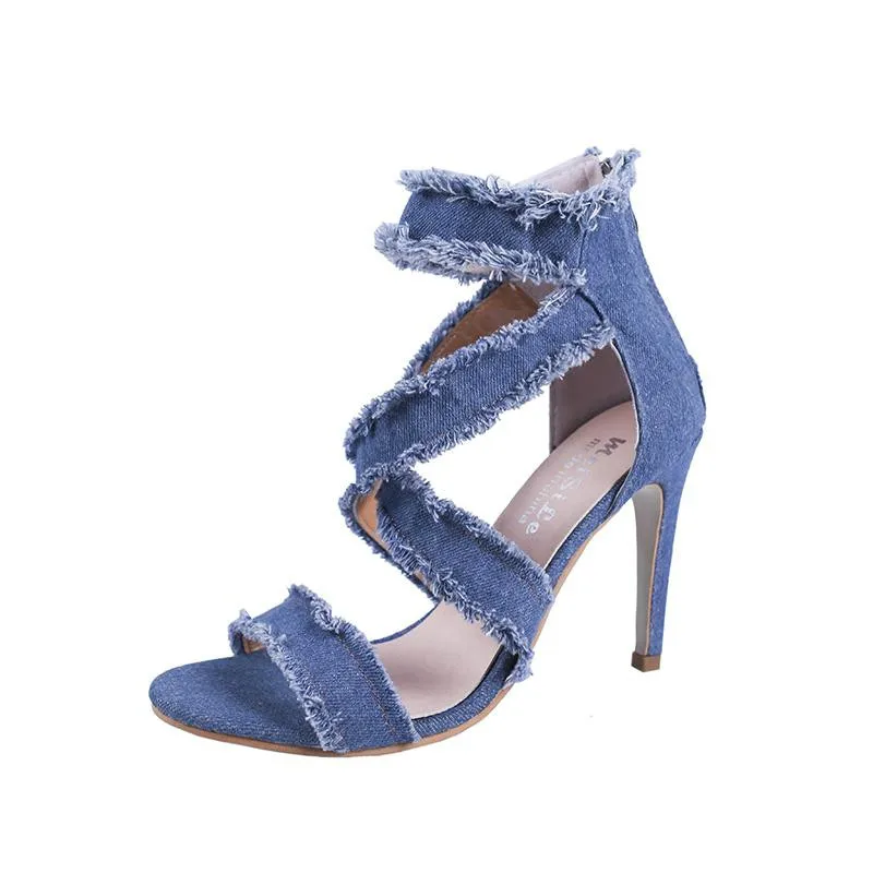 

Peep Toe Gladiator Shoes Women Pumps Denim High Heels Cutout Stiletto Zip Thin Heels Party Shoes Blue Super High Cross N36