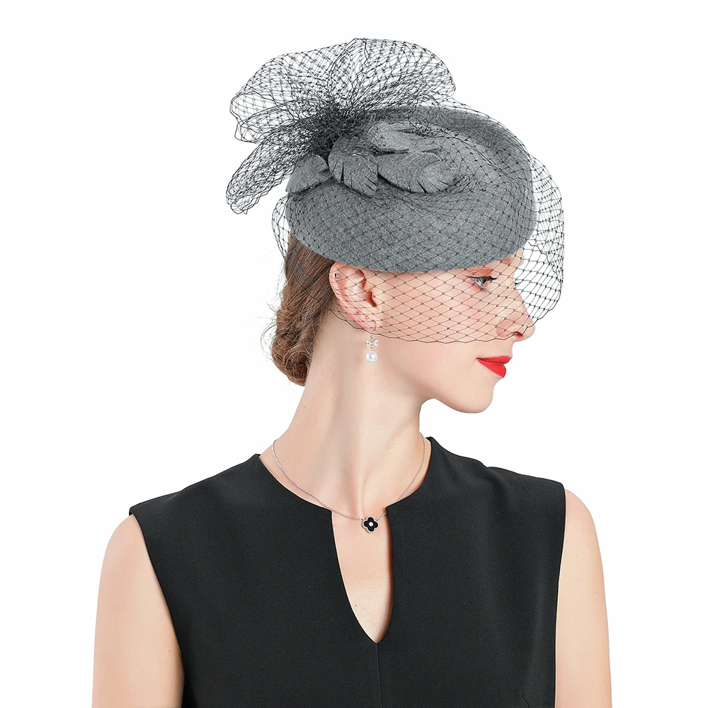 Fedoras Wool Leaf Hat Gray Fascinator For Women Elegant Church Wedding With Veil Cap Cocktail Tea Party Hair Clip Hat Girls