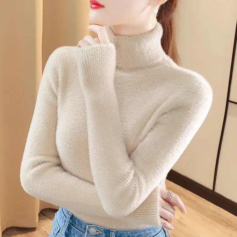 

Sweaters Women's Slim fit Knit 2022 Winter Knitted Imitation Mink Fur Turtleneck Candy Color Warm Jumper Jerseys Sweater Woman