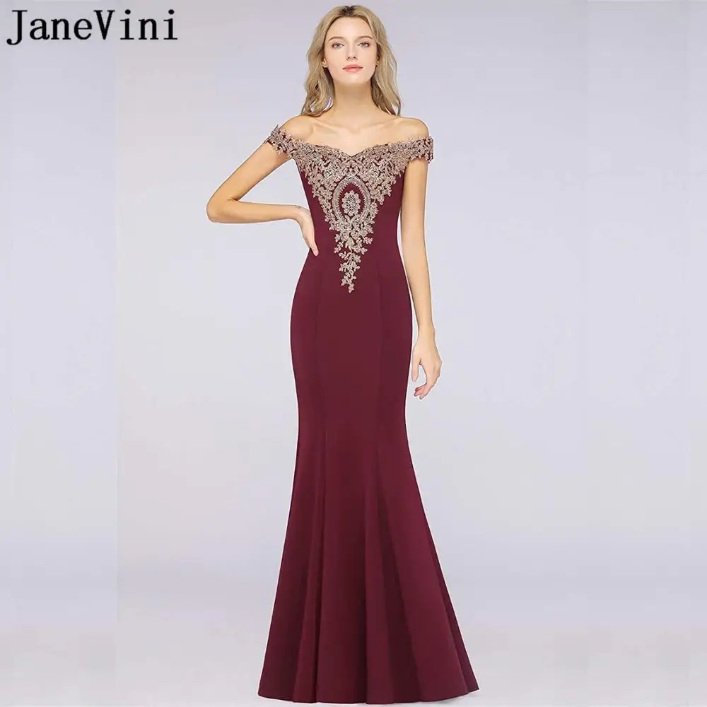 

JaneVini Appliqued Mermaid Burgundy Bridesmaid Dresses Long Off Shoulder Satin Beaded Women Maid of Honor Wedding Party Gowns
