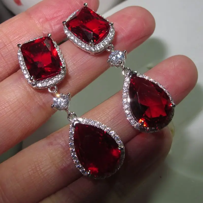 

2020 Russia new fashion Red stone water drop long dangle earrings real 925 sterling silver jewelry for women wedding party