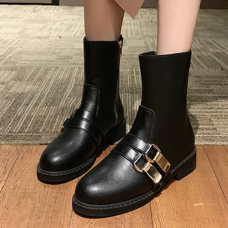 Lucyever/модные женские ботильоны с золотой пряжкой черные кожаные пинетки Mujer на